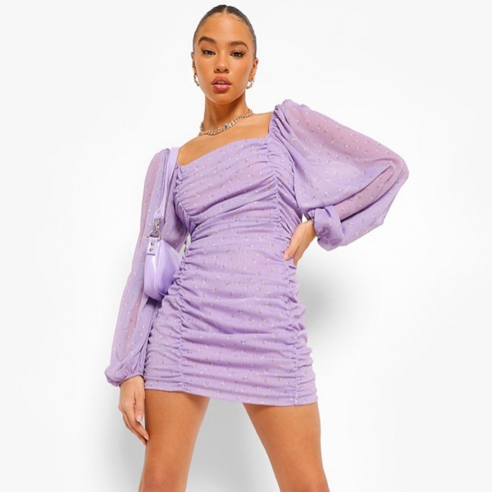 Lilac Ruched Front Chiffon Mini Dress